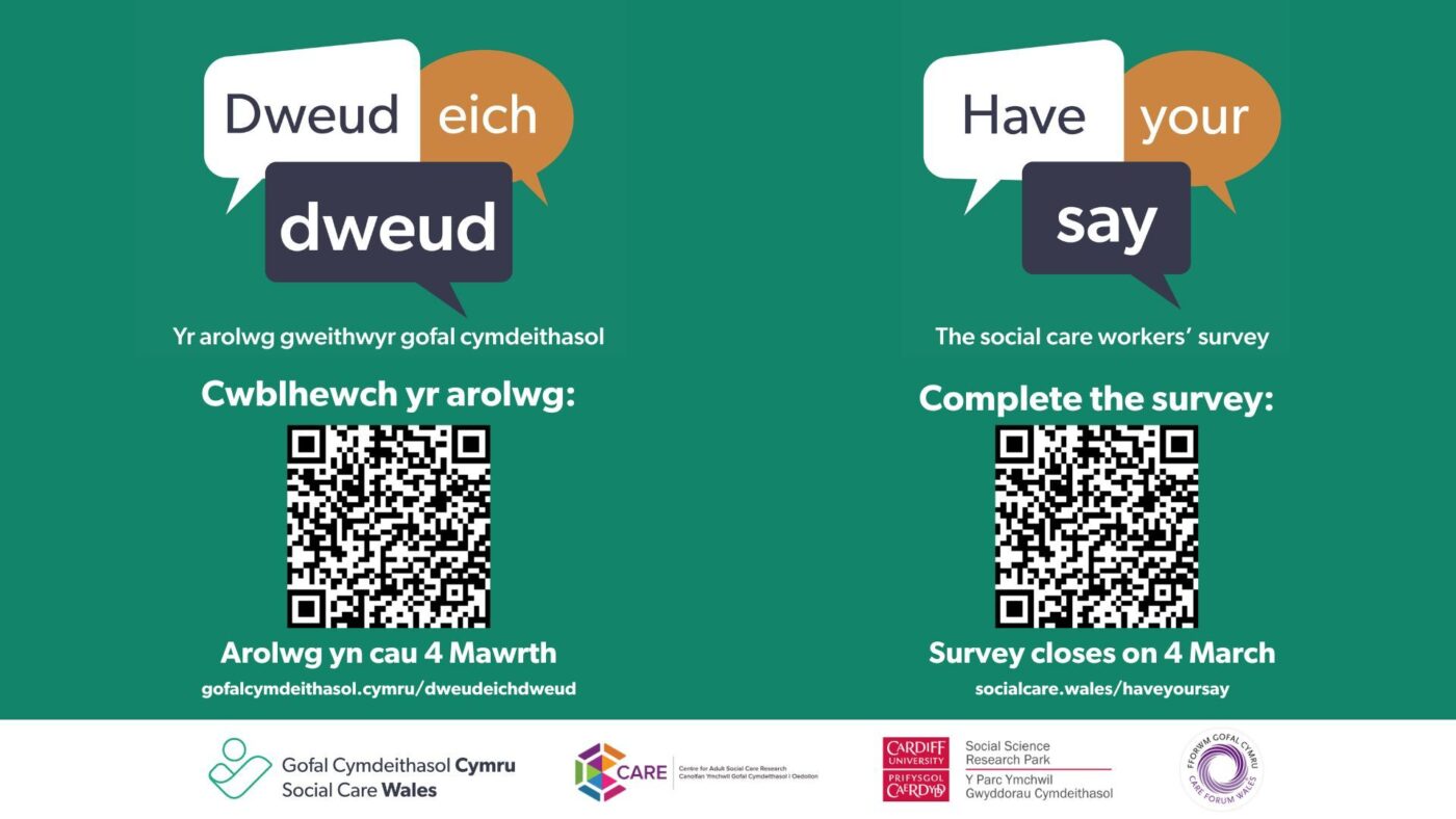 Sleid sy'n cynnwys codau QR ar gyfer arolwg Dweud Eich Dweud 2026