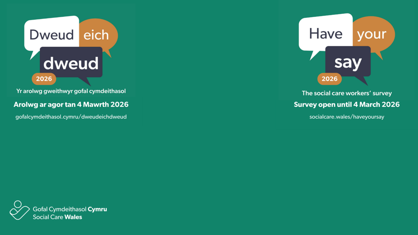 Cefndir rhithwir sy'n cynnwys logos Dweud Eich Dweud.