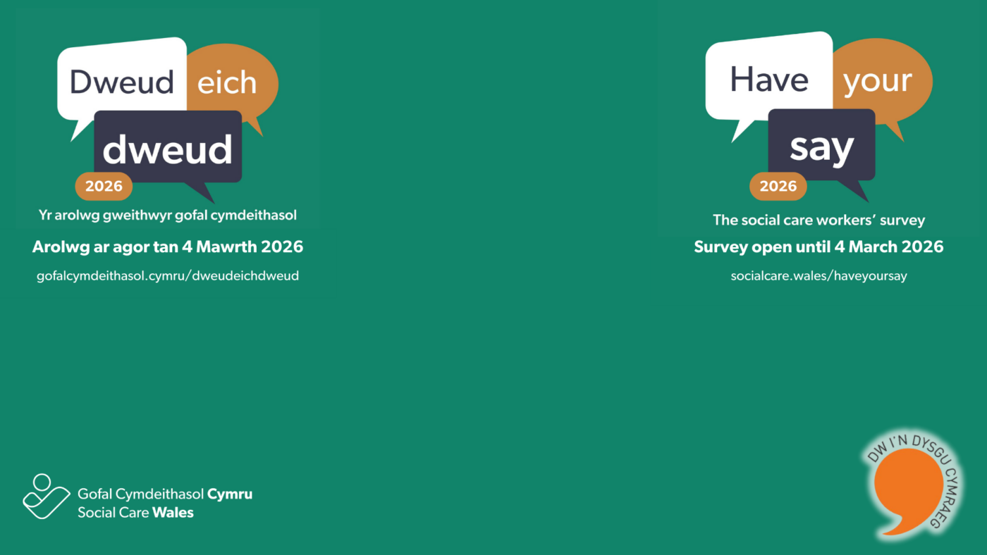 Cefndir rhithwir sy'n cynnwys logos Dweud Eich Dweud a logo 'Cymraeg' i bobl sy'n dysgu Cymraeg.