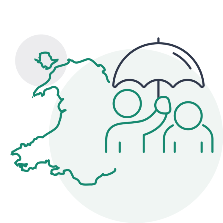 map of wales icon with two people under an umbrella